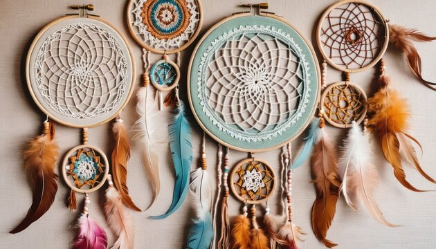  a group of dream catchers sitting on top of a wall next to a wall hanging with feathers hanging from the sides of each of the two sides of the wall.
