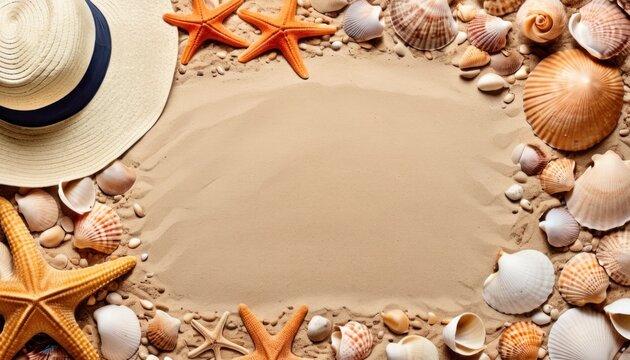  a hat, starfish, and seashells on a sandy beach with a blank space in the middle of the image for a message ornamentment.