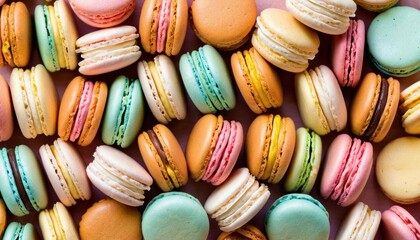  a bunch of colorful macaroons that are on a pink surface with one macaroon in the middle and one macaroni in the middle of the macaroni and one macaroni in the middle of the macaroni. - obrazy, fototapety, plakaty