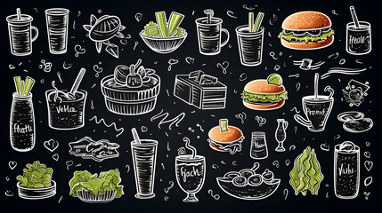 Set food icons,,
Seamless pattern with american fast food. Fast food background. Vector. Coffee, sandwich, hot dog, burger and donuts drawing on the chalkboard Pro Vector