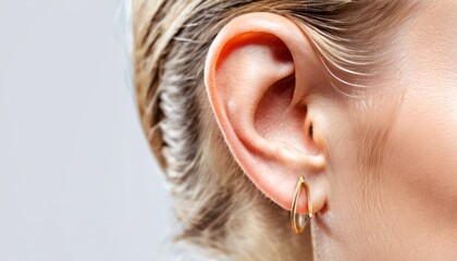  a close up of a woman's ear with a pair of gold hoop earrings in the middle of the ear and the top of the ear with a white background. - obrazy, fototapety, plakaty