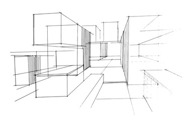 Line drawing of an architectural and construction line. , Graphic assembly in architecture and interior design work. ,Sketch ideas for interior or exterior designs.