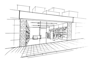 Fototapeta premium Line drawing of a shopping mall store. , Graphic assembly in architecture and interior design work. ,Sketch ideas for interior or exterior designs.