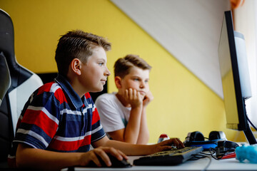 Two kids boys playing computer games on desktop pc. Modern addict activity for children. Siblings...