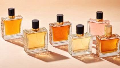  a group of four bottles of perfume sitting next to each other on top of a pink surface with a shadow of a person's hand on the side of the bottles.