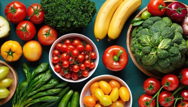  a table topped with bowls filled with lots of different types of fruits and vegetables next to a bowl of broccoli, tomatoes, cucumbers, broccoli, cucumbers, and bananas.