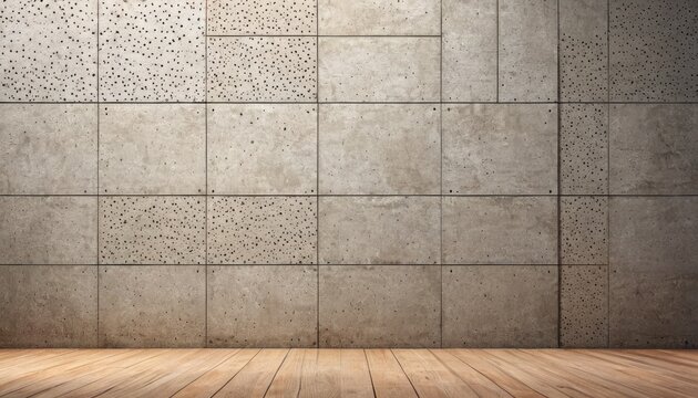  an empty room with a wooden floor and a wall made of cement blocks with holes in the middle of the wall and a wooden floor in front of the wall.