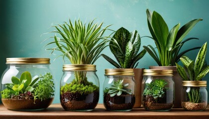  a row of glass jars filled with plants on top of a wooden table in front of a blue wall with a green wall behind the jars is a row of succulents of succulents.