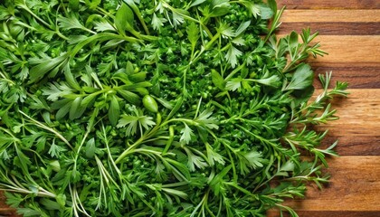  a close up of a bunch of parsley on a cutting board with parsley on the side of the board and parsley on the top of the board.