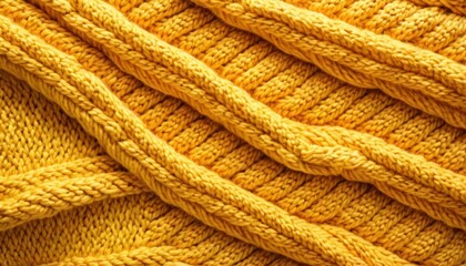  a close up view of a yellow knitted sweater with a knot at the end of the top of the sweater and the bottom of the sweater with a knot at the end of the top of the sweater.