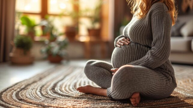 Femme enceinte assise avec tendresse : Intimit&eacute; dans un cadre chaleureux