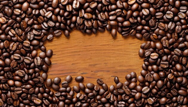  coffee beans arranged in the shape of a heart on top of a wooden surface with a space in the middle of the photo for a text ornament to be.