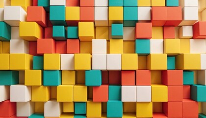  a close up of a bunch of cubes on a wall with a red, yellow, blue, and white cube on top of the cubes on the wall.