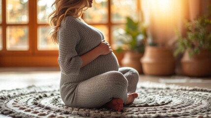 Femme enceinte assise avec tendresse : Intimité dans un cadre chaleureux - obrazy, fototapety, plakaty