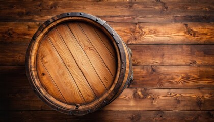  a wooden barrel sitting on top of a wooden wall next to a wall of wood planks with a metal ring on the bottom of the barrel and a wooden wall.