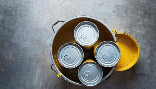  four cans of soda sit in a yellow bucket on a cement surface, top view, looking down at the top of the cans, and the top of the cans are empty.