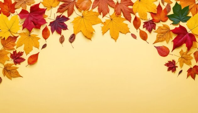  a group of colorful autumn leaves on a yellow background with a place for a text or an image to put on a card or brochure or brochure.