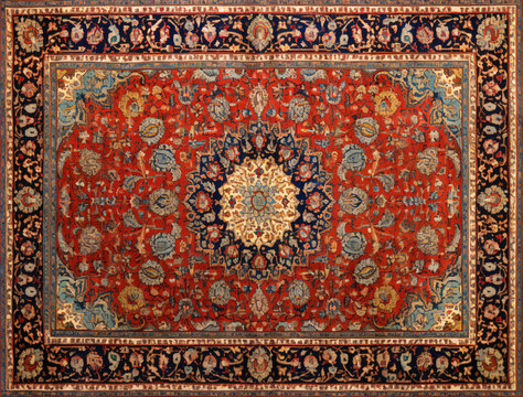 Persian carpet in red blue color with antique pattern on the floor top view
