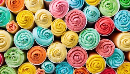  a group of multicolored cupcakes sitting next to each other on top of a pile of other cupcakes on top of each other cupcakes.