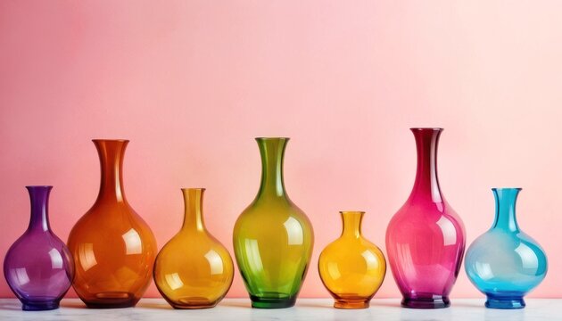  a row of colorful vases sitting on top of a white table next to a pink wall in a room with a pink wall in the background and a pink wall.