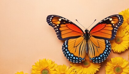  a close up of a butterfly on a flower with yellow flowers in the foreground and a pink wall in the background with a few yellow flowers in the foreground.