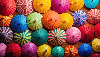 Fototapeta na wymiar a group of multicolored umbrellas sitting on top of a wooden floor next to each other on top of a wooden floor next to another group of multicolored umbrellas.