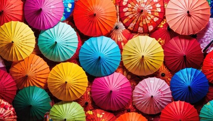  a group of colorful umbrellas sitting next to each other on top of a pile of other umbrellas next to each other on top of each other in front of a wall.