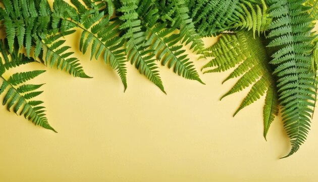  a close up of a bunch of green leaves on a yellow background with a place for the text on the left side of the image is a green fern leaf.
