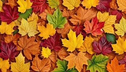  a bunch of leaves that are laying on the ground with the colors red, yellow, green, orange, and yellow in the middle of the leaves is a pattern.