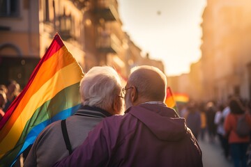 Back view of senior gay couple on street enjoying LGBT parade. People during march on street for LGBT rights. Diversity, tolerance and gender identity concept. - Powered by Adobe