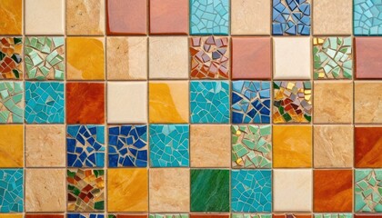  a close up of a tiled wall with many different colors and shapes of tiles in different shapes and sizes, including oranges, blue, yellows, green, oranges, and yellows.