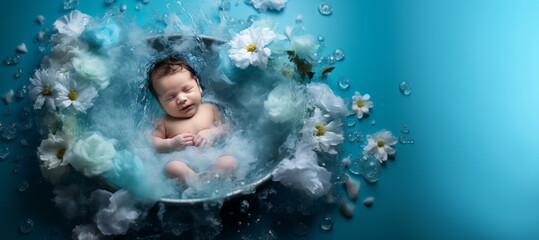Newborn baby in calm blue water tub, birth card, new life