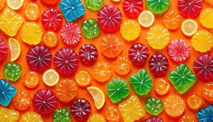  a group of gummy bears sitting next to each other on top of an orange surface with slices of lemons and oranges on top of the gummy bears.