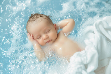 Newborn baby in calm blue water tub, birth card, new life