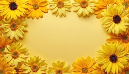  a group of yellow flowers arranged in the shape of a heart on a yellow background with a place for a text in the middle of the photo to the center.