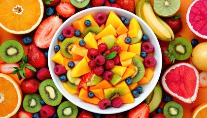  a white bowl filled with fruit on top of a pile of oranges, kiwis, strawberries, and kiwis on top of other fruits.