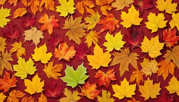  a bunch of leaves that are laying on a red surface with orange, yellow, and green leaves in the center of the image and bottom half of the leaves on the bottom half of the image.