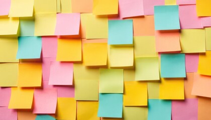  a close up of a bunch of post it notes on a wall with colors of yellow, pink, blue, orange and pink on top of the post it.