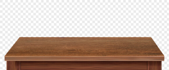 Dark brown wooden table, Wood Textured tabletop front view on transparent background. Dining desk surface realistic 3d vector mock up