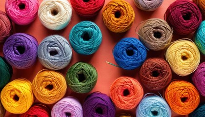  several skeins of multicolored yarn laid out in a row on a pink surface with one skein in the middle of the skeins and two skeins in the middle of the skeins of the skeins of the skeins.