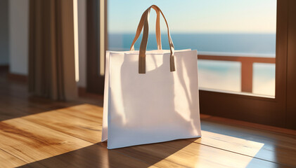 White tote bag. Blank template tote-bag canvas. Eco-friendly casual shopping bag in interior background. Minimalist shoulder tote-bag mockup. Grocery accessories for market. Tote mock-up. Banner