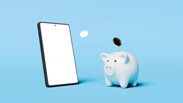 Coins flowing from smartphone to piggy bank. 3d 4k looping animation of earning using modern technology