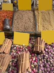 spices and herbs with blank label tags in grand bazaar