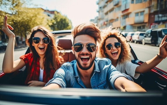 Friends laughing merrily on a trip together in a cabriolet in a modern city