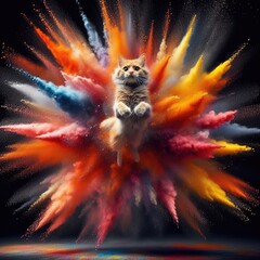 Cat with background with an explosion of multicolored powder, paint, bright colors