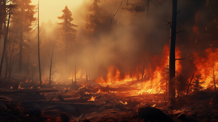 Forest fire photography. burnt trees, flames, and smoke
