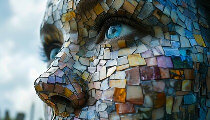 Mosaic Mirage, Construct a mosaic-like digital face, incorporating fragmented elements to symbolize the complexity and diversity of the digital self, AI 