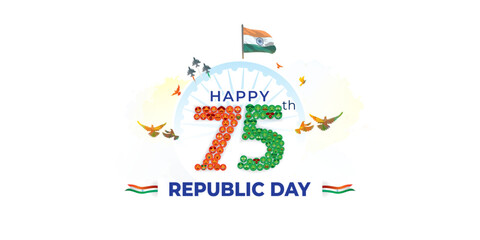 Happy 75th Republic Day of India Celebration background. 75 number illustration with Group of happy patiotic funny diverse culture people face.