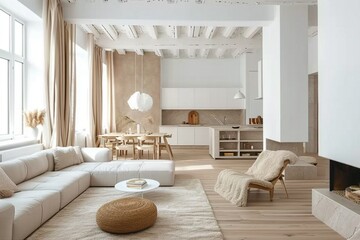 interior design spacious bright studio apartment in Scandinavian style and warm pastel white and beige colors. trendy furniture in the living area and modern details. generative ai.