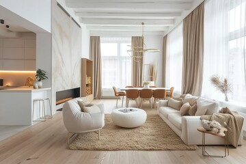 interior design spacious bright studio apartment in Scandinavian style and warm pastel white and beige colors. trendy furniture in the living area and modern details. generative ai.